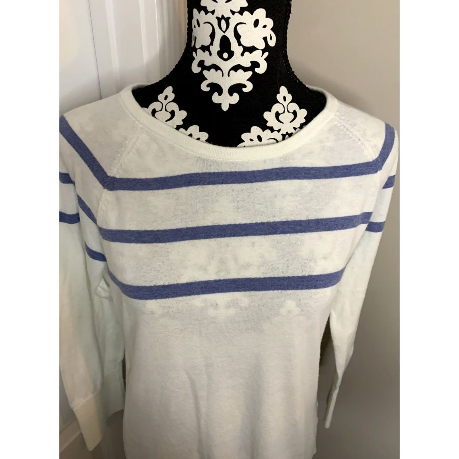 Nautica Nautica Women’s Knit Long Sleeve Sweater Top M Ivory/Blue, 100% Cotton, Striped, Round Neck, Pullover, Pre Owned, Regular Size, Womens Size M / US 6-8 / IT 42-44 - 4 Thumbnail