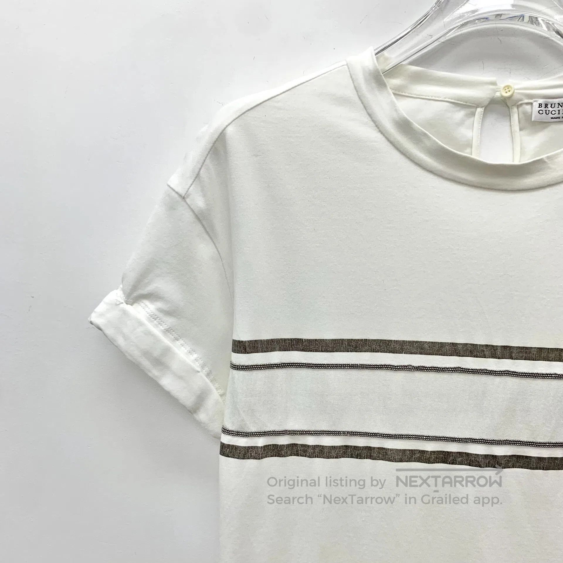 Brunello Cucinelli Brunello Cucinelli White striped bead round neck cotton sh Size US XS / EU 42 / 0 - 3 Thumbnail
