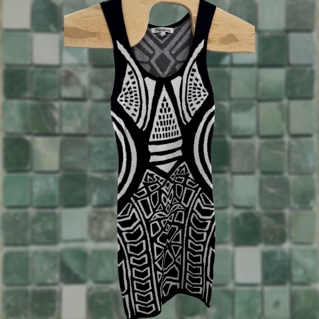 Vintage Stiletto Dress Pattern Black White Geometric Sleeveless Sheath Short Round Neck Pullover Stretchy Party Cocktail Women S Size S / US 4 / IT 40 - 1 Thumbnail