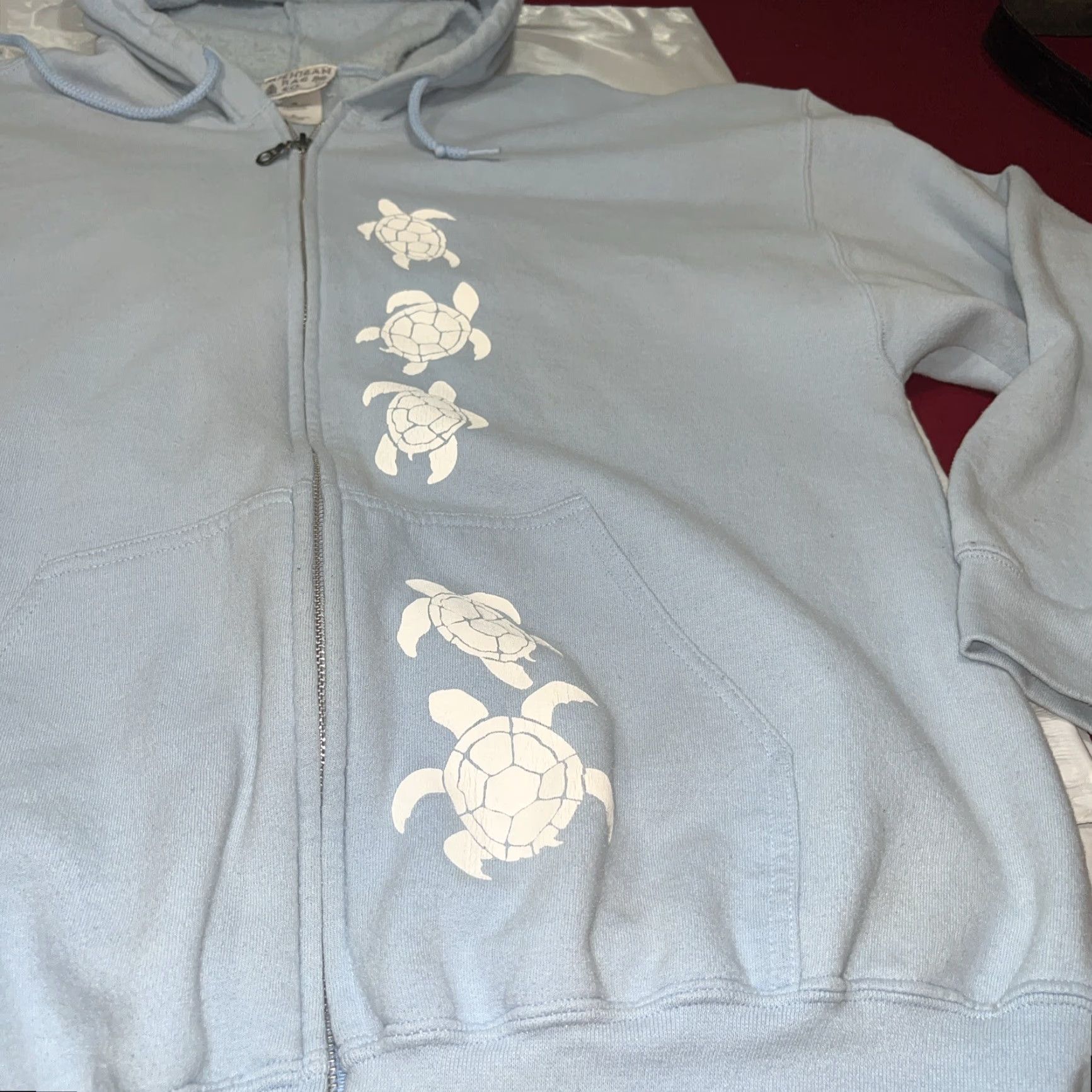 CO VINTAGE Michigan Rag Co TURTLE Full Zip Hoodie Shirt Mens XL Light Blue Knit Cotton Polyester 80s 90s Western Pockets Sea Turtle Print Front Size US XL / EU 56 / 4 - 4 Thumbnail
