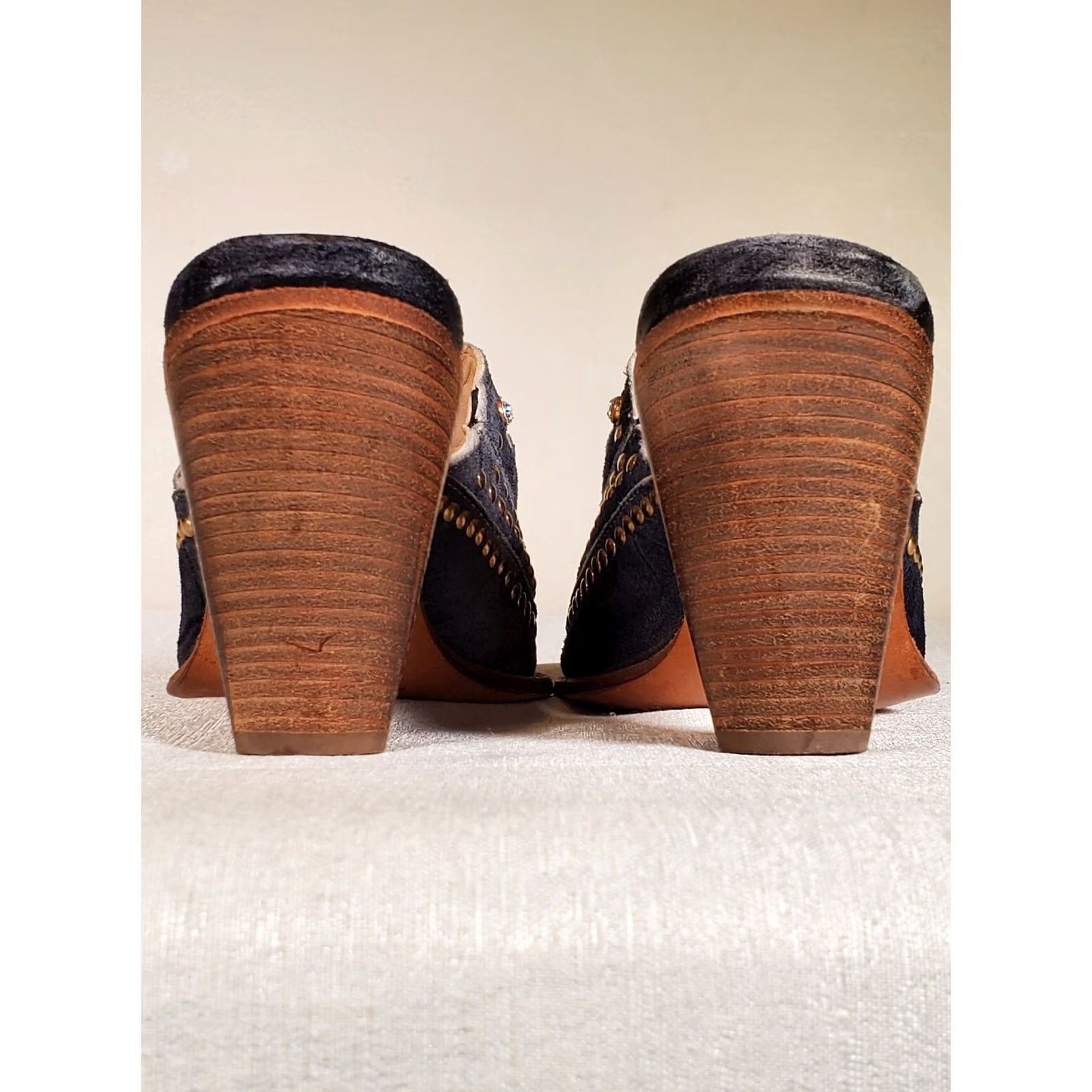 Vintage El Vaquero Mule Women Suede Graphite Swarovski Crystals Studs Block Heel US 7.5 EU 38 Size US 6 / IT 36 - 5 Thumbnail