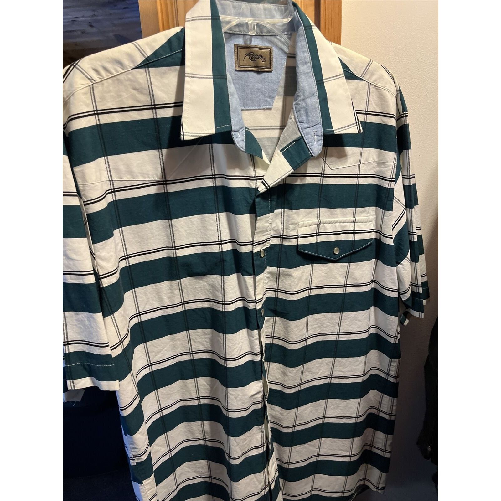 Roper Roper Men’s XL White Green Striped Pearl Snap Cotton Shirt Size US XL / EU 56 / 4 - 12 Thumbnail