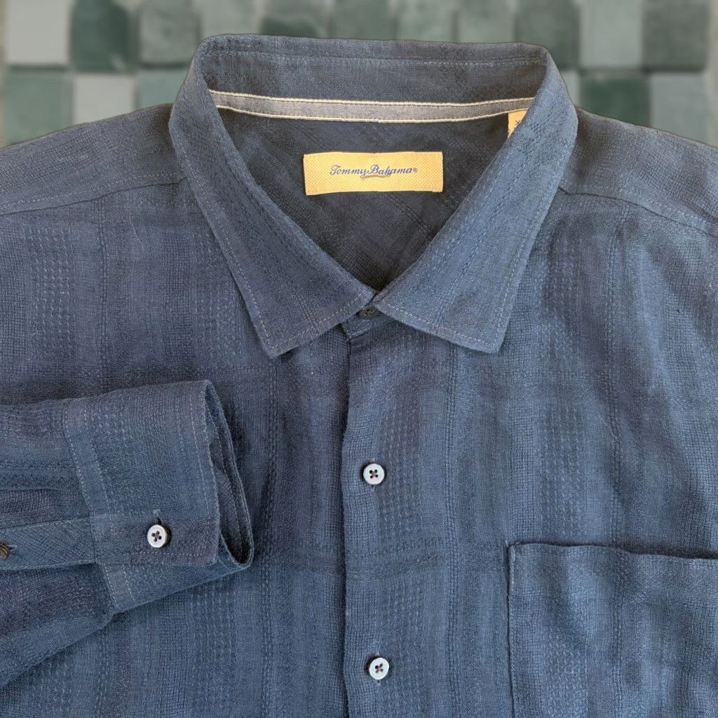 Tommy Bahama Shirt Men 2XL Navy Linen Long Sleeve Button-Up Casual Beach Vacation Aloha Tropical Hawaii