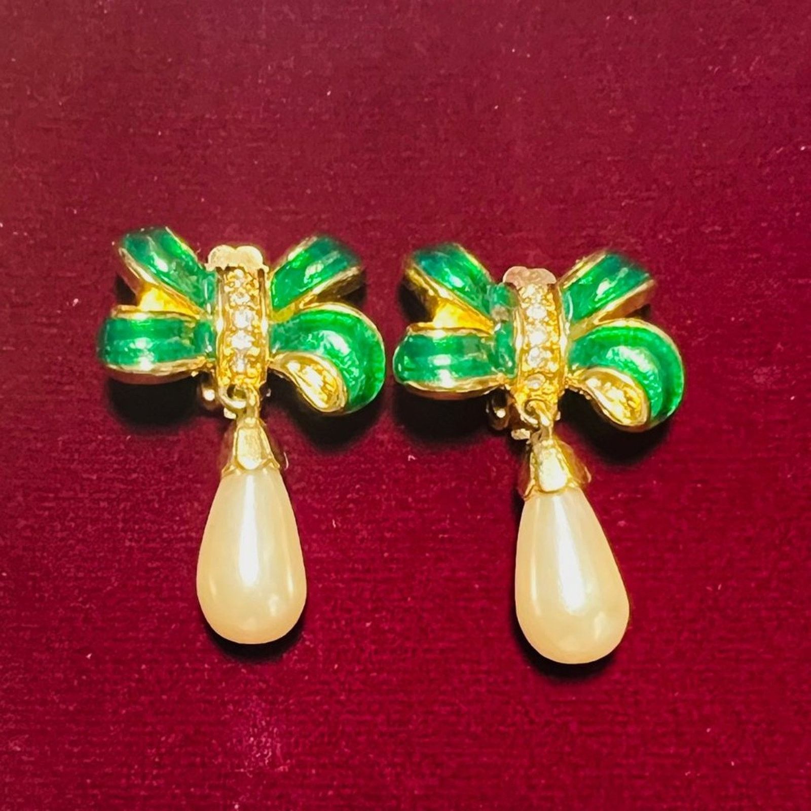 & Other Stories Vintage Weingeroff Gold Green Bow Rhinestone Pearl Earrings Size ONE SIZE - 1 Thumbnail