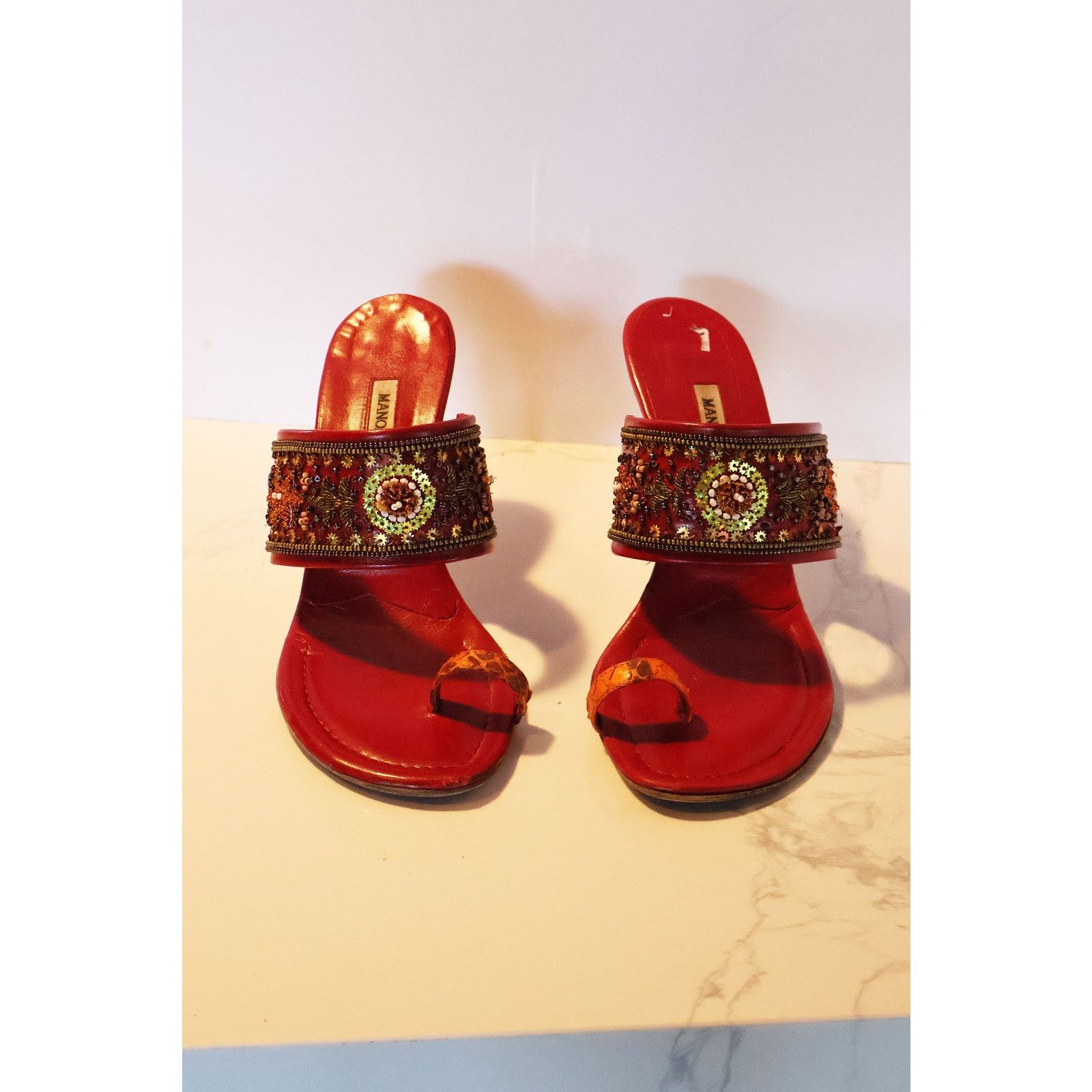 Manolo Blahnik Vintage Manolo Blahnik Red + Orange Snakeskin Rapis Sandal Size US 7.5 / IT 37.5 - 2 Thumbnail