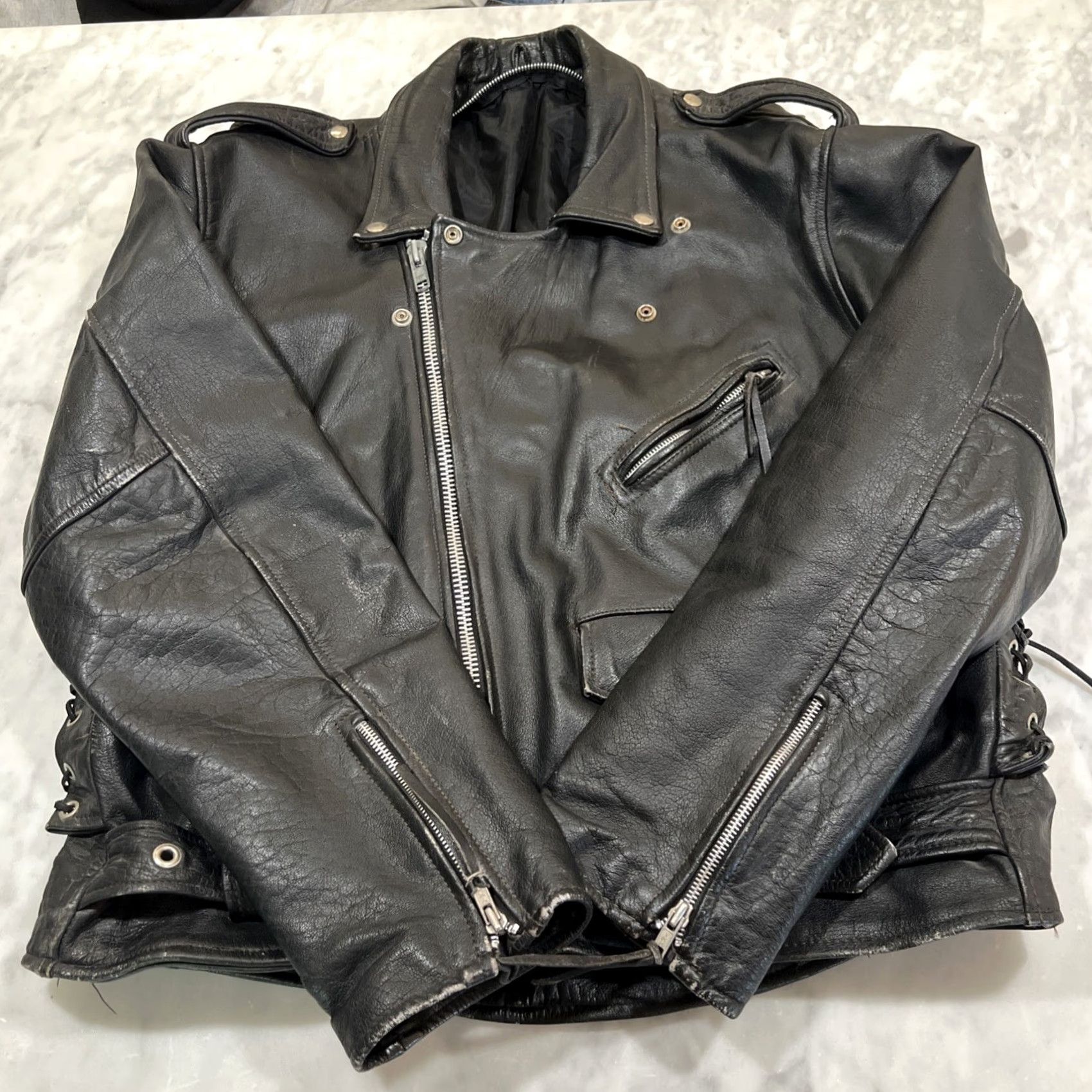 Vintage VINTAGE Echtes Leder Leather Motorcycle Jacket L Heavy Lace Sides Pockets Police 1990s Black Biker/Police Mens Size US L / EU 52-54 / 3 - 4 Thumbnail
