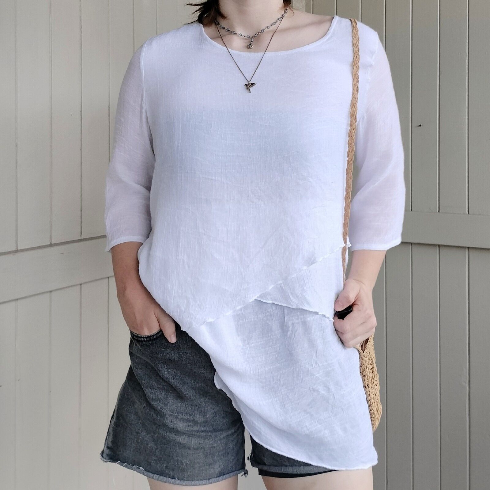 Designer Lilia Tunic Top White Linen Cotton Ethereal Size L / US 10 / IT 46 - 2 Thumbnail