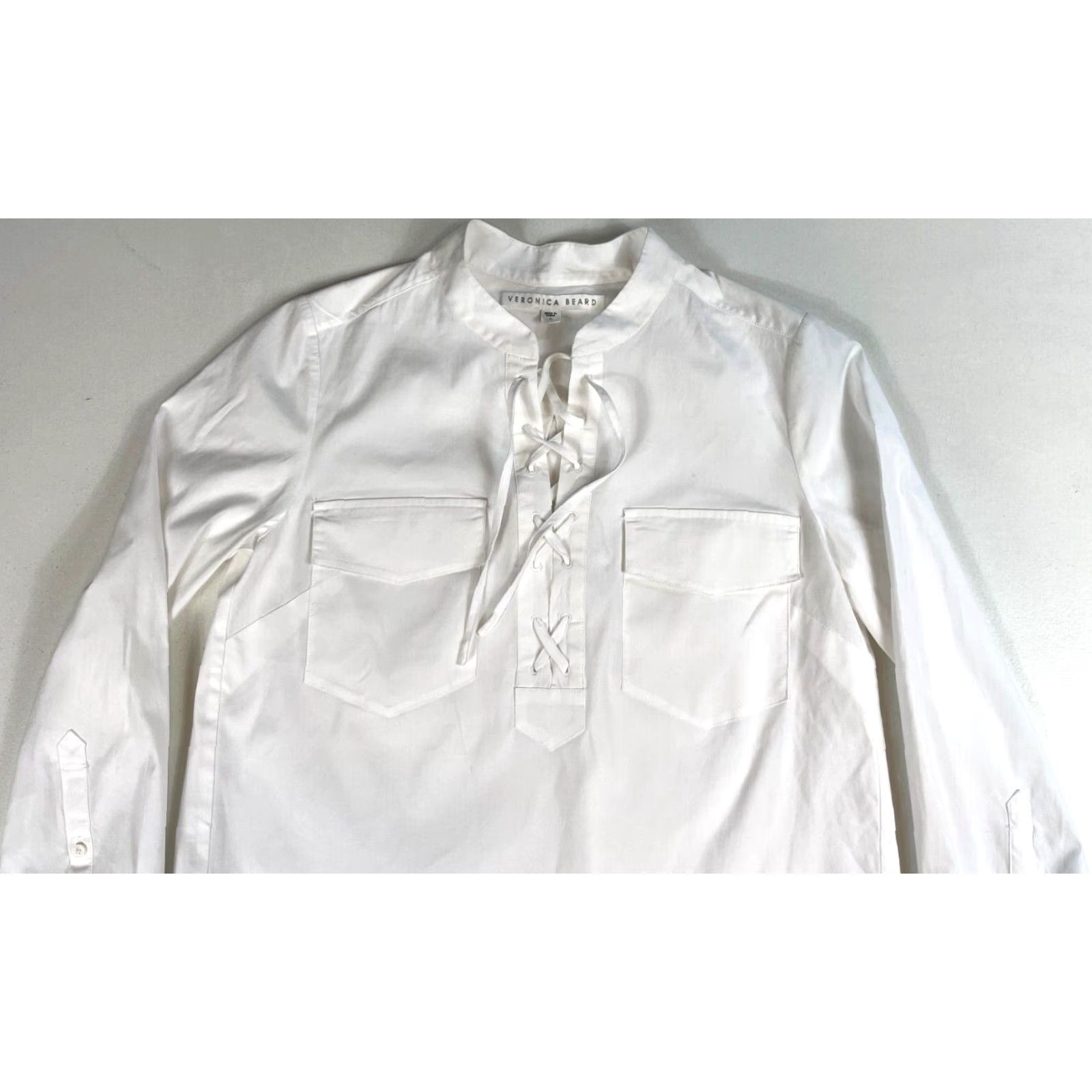 Veronica Beard VERONICA BEARD Blouse Women's Harper Lace Up Top 2 White Cotton Blend 3/4 Sleeve Lace Up Vintage/Pre-owned Womens BREN Size XS / US 0-2 / IT 36-38 - 4 Thumbnail