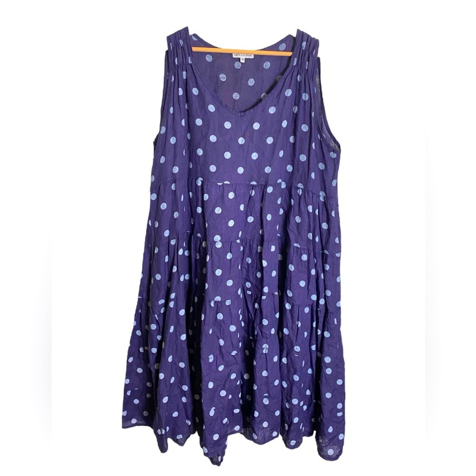 100% Lin Blanc Tiered Polka Dot Linen Dress Blue 50