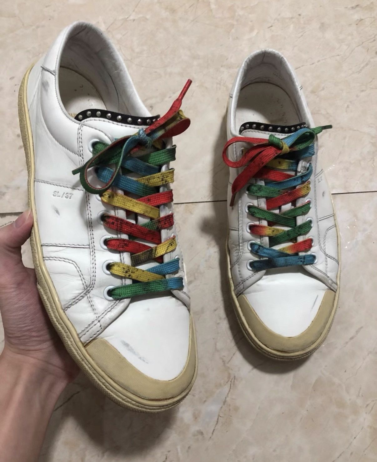 Saint Laurent Paris SLP 16SS Runway Distressed Studded Low-Top Leather Sneakers Size US 8.5 / EU 41-42 - 3 Thumbnail