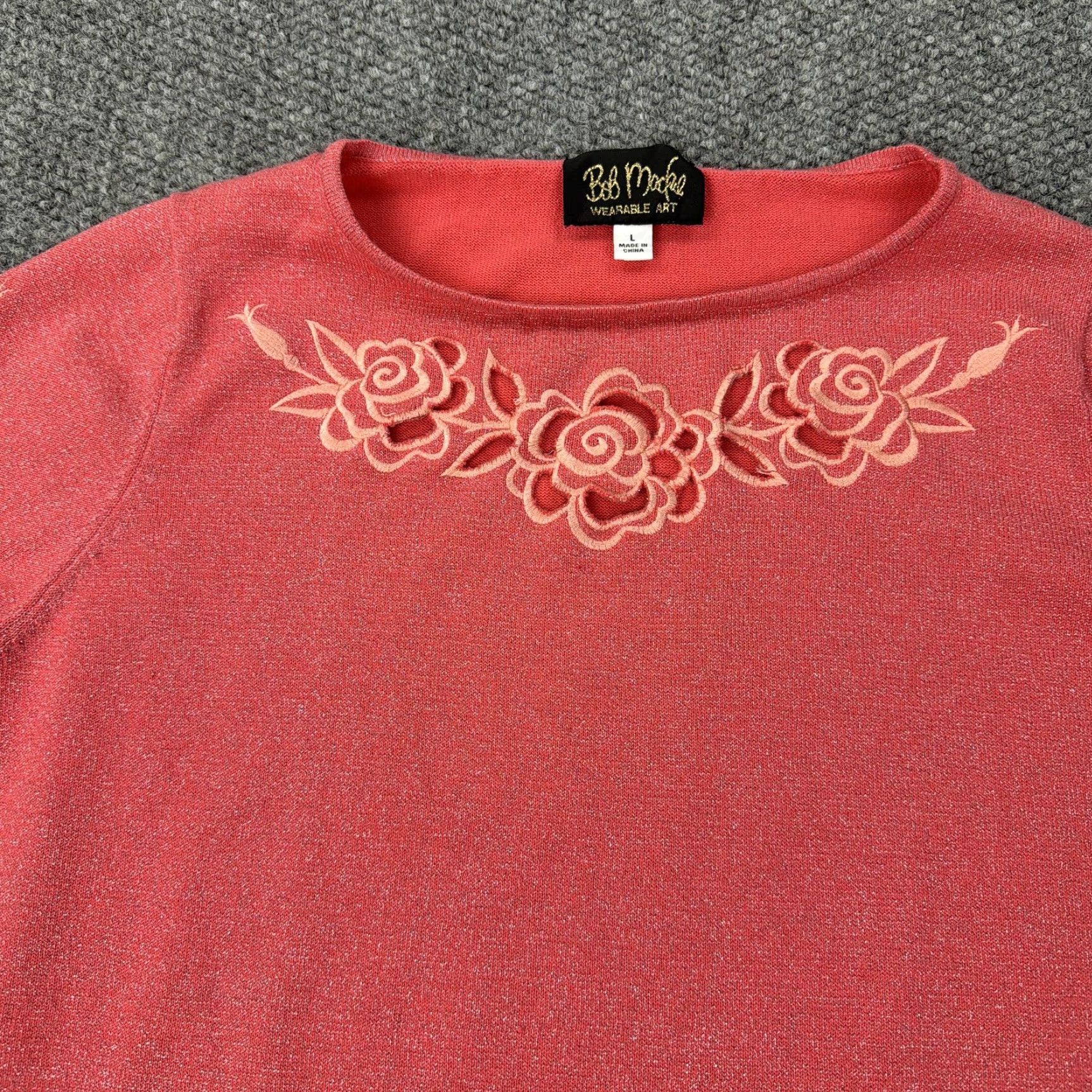 Bob Mackie Bob Mackie Sweater Womens Large Pink Metallic Floral Embroidered 3/4 Sleeve Top Size L / US 10 / IT 46 - 2 Thumbnail