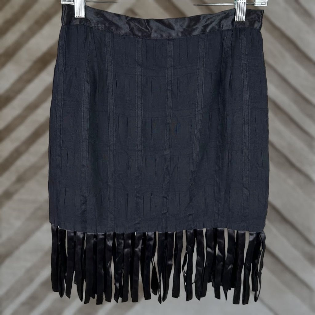 VINTAGE Platinum Dorothy Schoelen Skirt Medium Black Satin Fringe Zip Knee Length 90s Womens