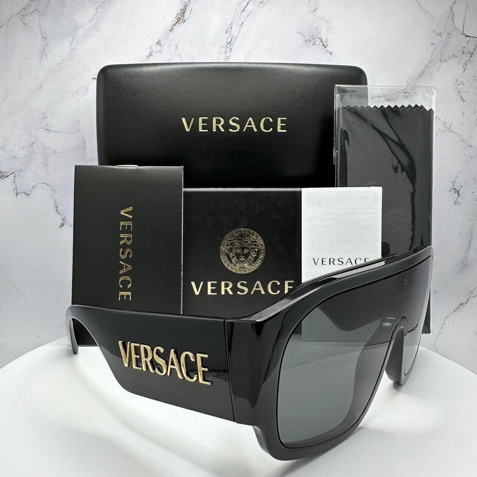 Versace VERSACE Sunglasses Black Aviator Wrap Shield Logo Authentic ...