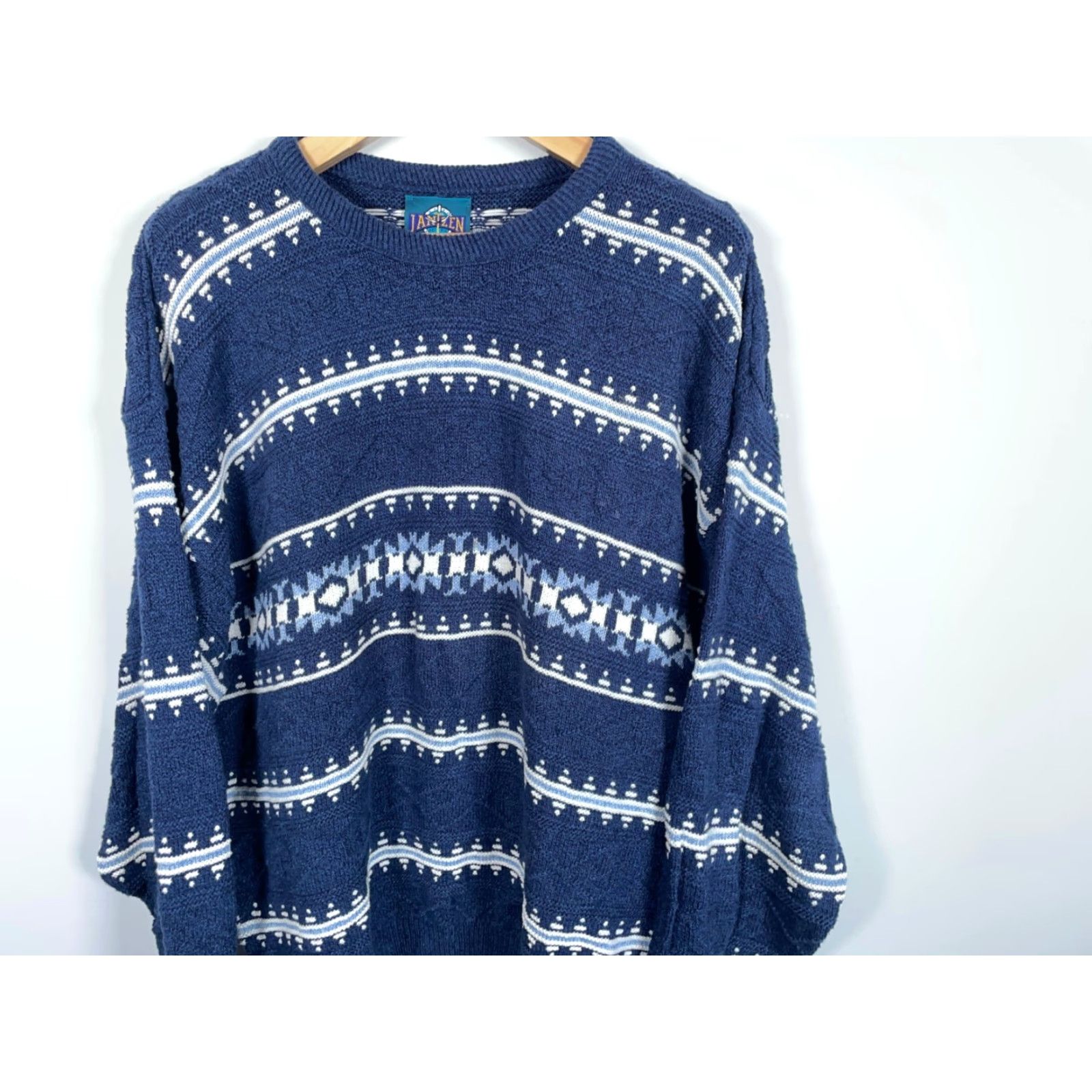 Jantzen VINTAGE Jantzen Sweater Men's XL Dark Blue Aztec Stripe Geometric Knit Crew Neck Pullover Heavyweight Cotton 90s Tribal Retro Casual Size US XL / EU 56 / 4 - 4 Thumbnail