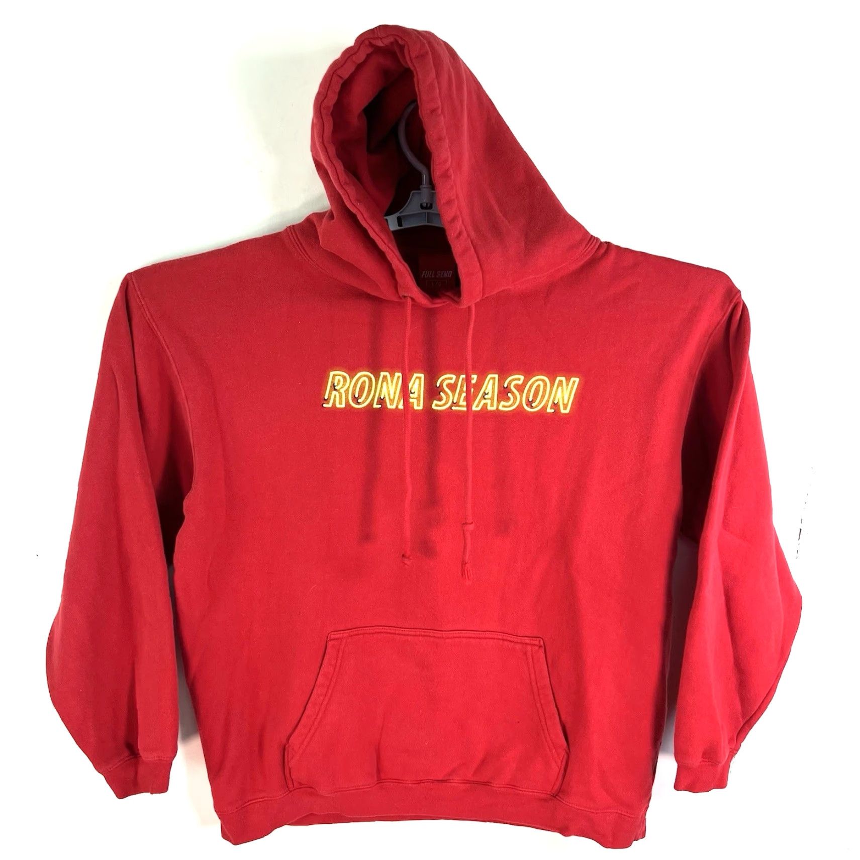 Vintage Full Send Rona Season Hoodie Sweatshirt Mens L Red Graphic Print Pullover Hooded 54in Chest Comfort Fleece Winter/Autumn 90s? Size US L / EU 52-54 / 3 - 2 Thumbnail