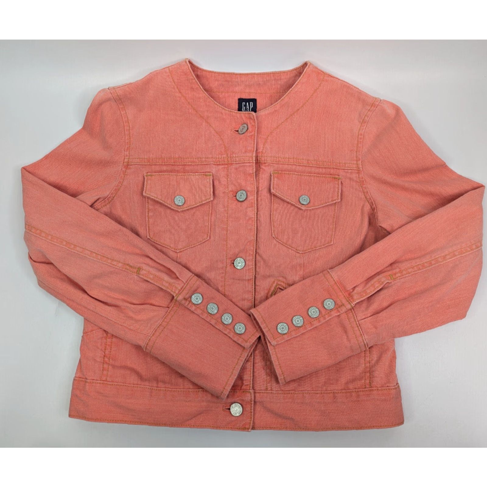 Gap VINTAGE Gap Peach Orange Denim Collarless Jacket Snap Cuffs Sz Small Stretch Rockabilly Size S / US 4 / IT 40 - 2 Thumbnail