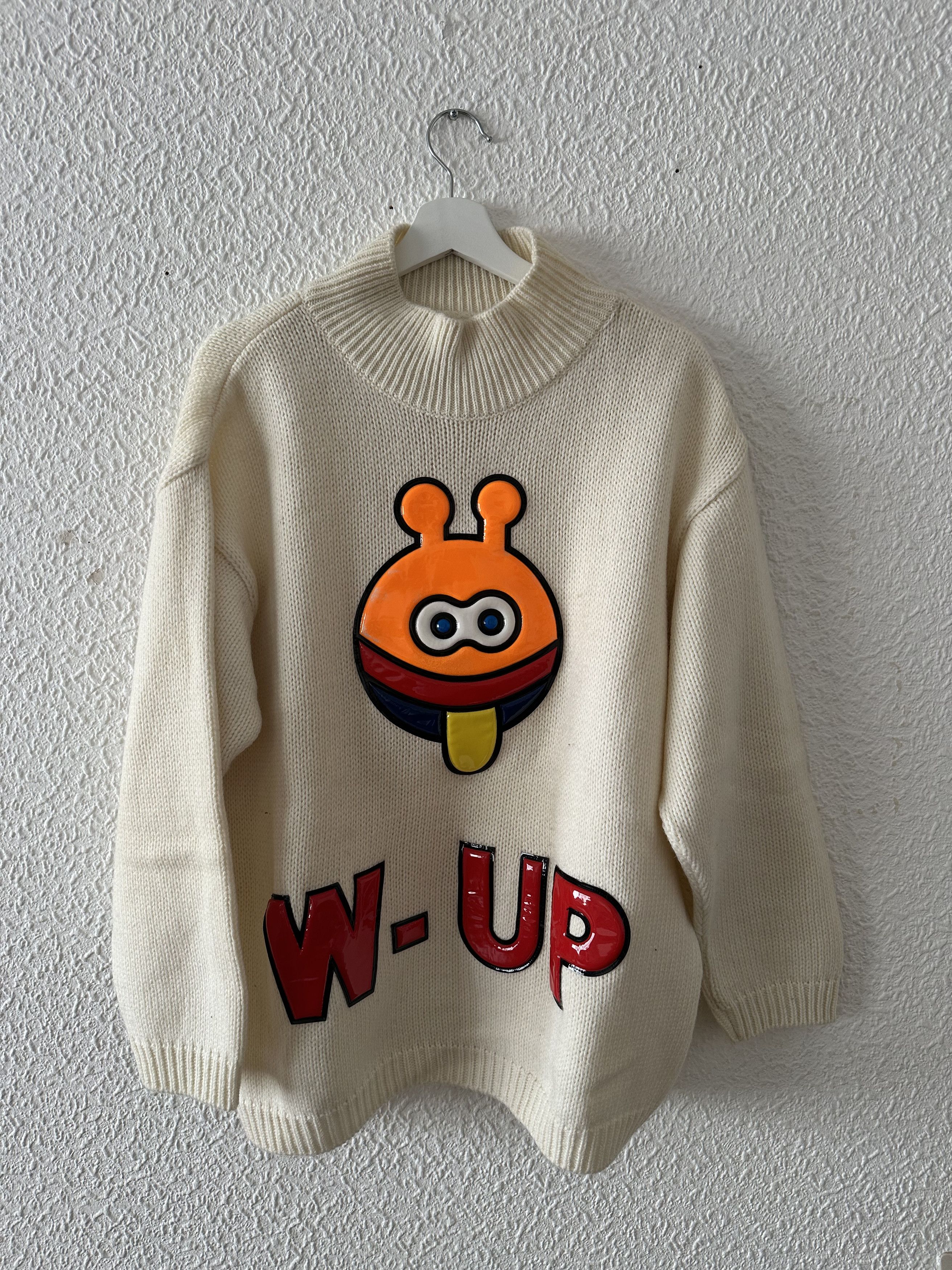 Walter Van Beirendonck 🧶 W&LT White Wool Knit Crewneck “W-UP” Face Print — Archive Size US L / EU 52-54 / 3 - 1 Thumbnail