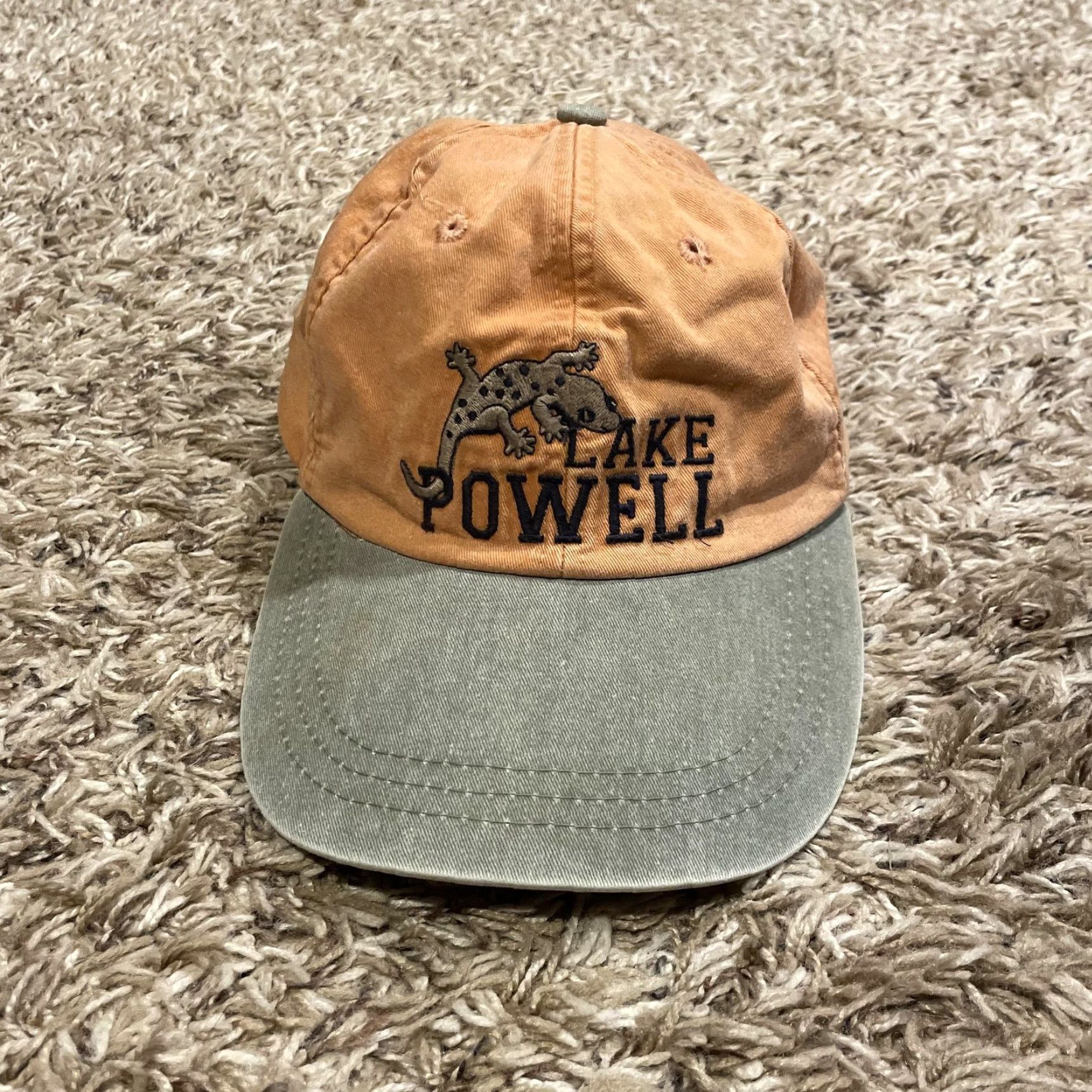 Vintage VINTAGE Lake Powell Hat Strap Back Orange Tan Embroidered Lizard Outdoors Mens Cap OSFM Adjustable Cotton Canvas Size ONE SIZE - 2 Thumbnail