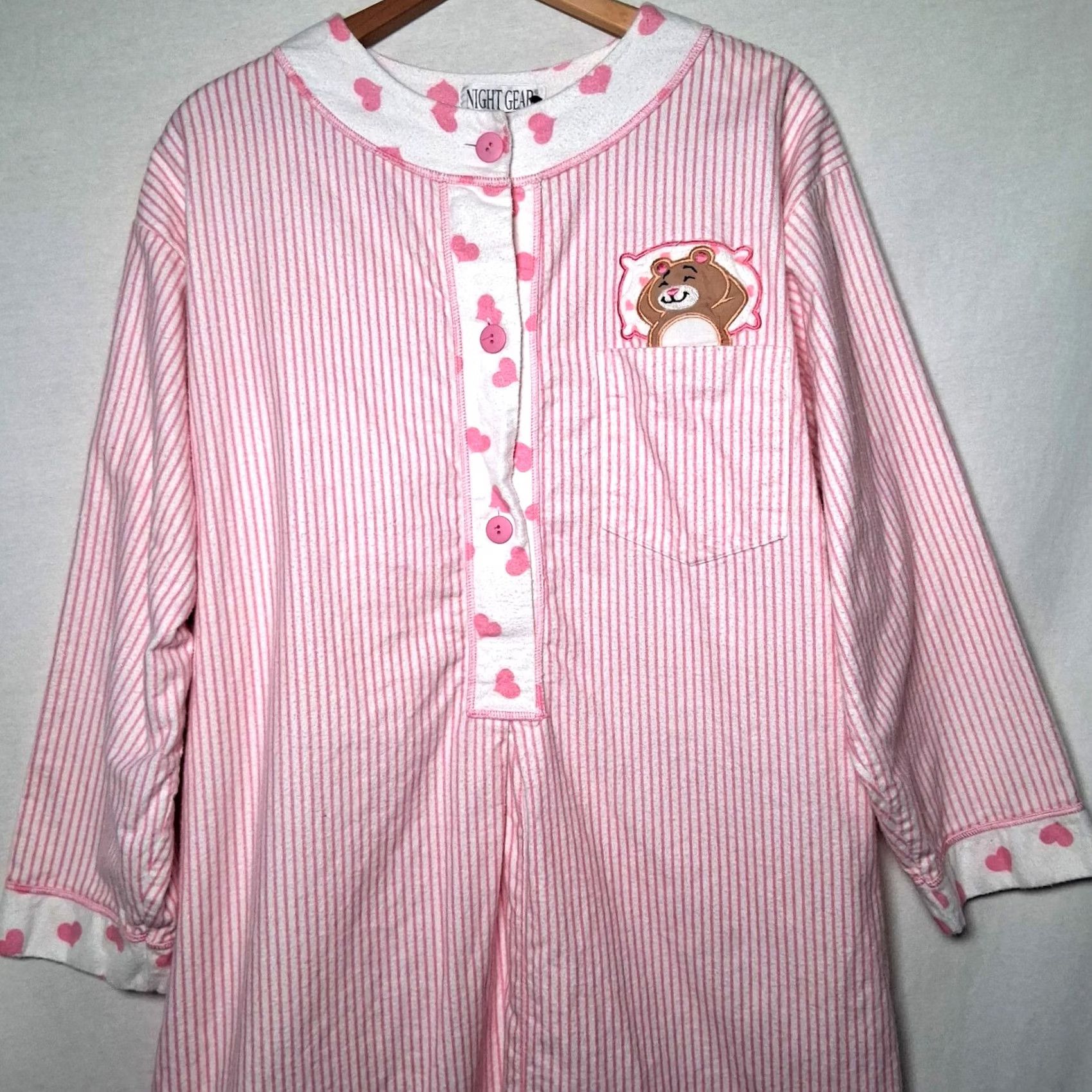 Vintage VINTAGE Night Gear Nightgown M Pink Stripe Flannel Hearts Bear Women Size ONE SIZE - 2 Thumbnail