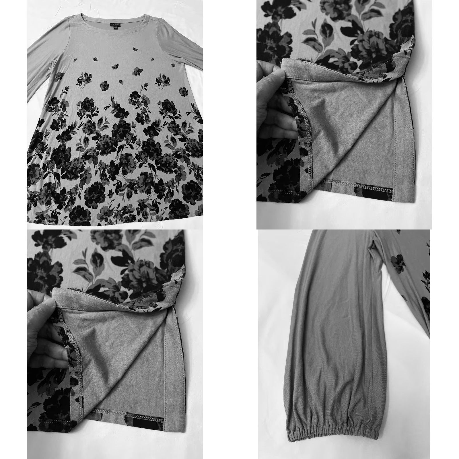J. Jill J Jill Wearever Collection Shirt Womens Medium Gray Floral Stretch Pullover Top - 3/4 Sleeve Puff Sleeve Round Neck Tunic Relaxed Fit Viscose Spandex Size M / US 6-8 / IT 42-44 - 9 Thumbnail