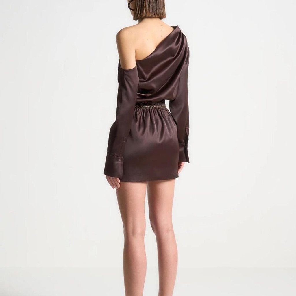Maniere De Vior NEW Manière De Voir Brown Off Shoulder Satin Dress EU 42 Size L / US 10 / IT 46 - 3 Thumbnail