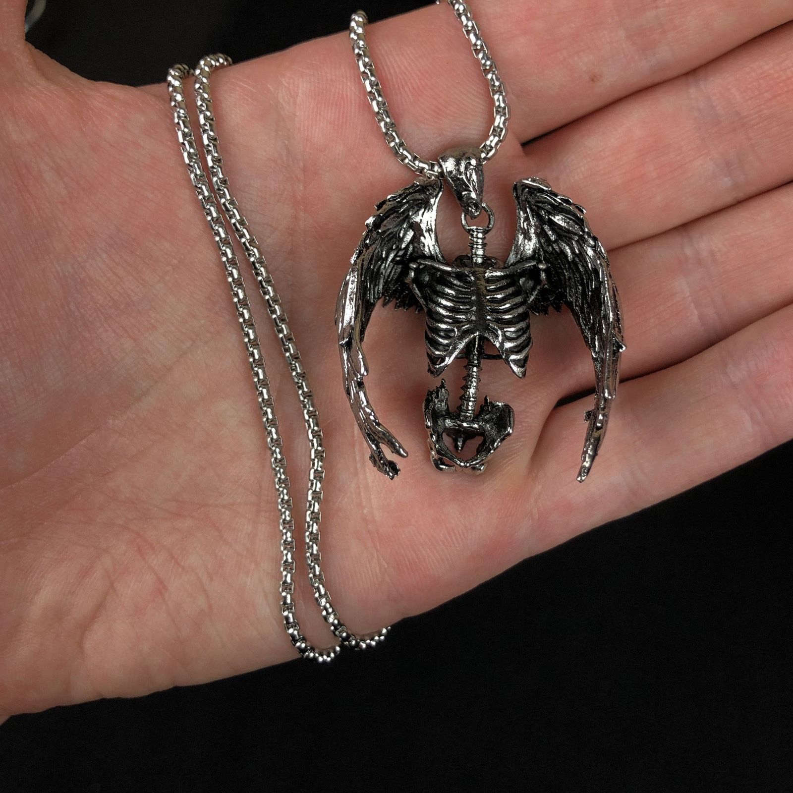 Jewelry Skeleton Wings Necklace Punk Goth Chain in Silver, Men's