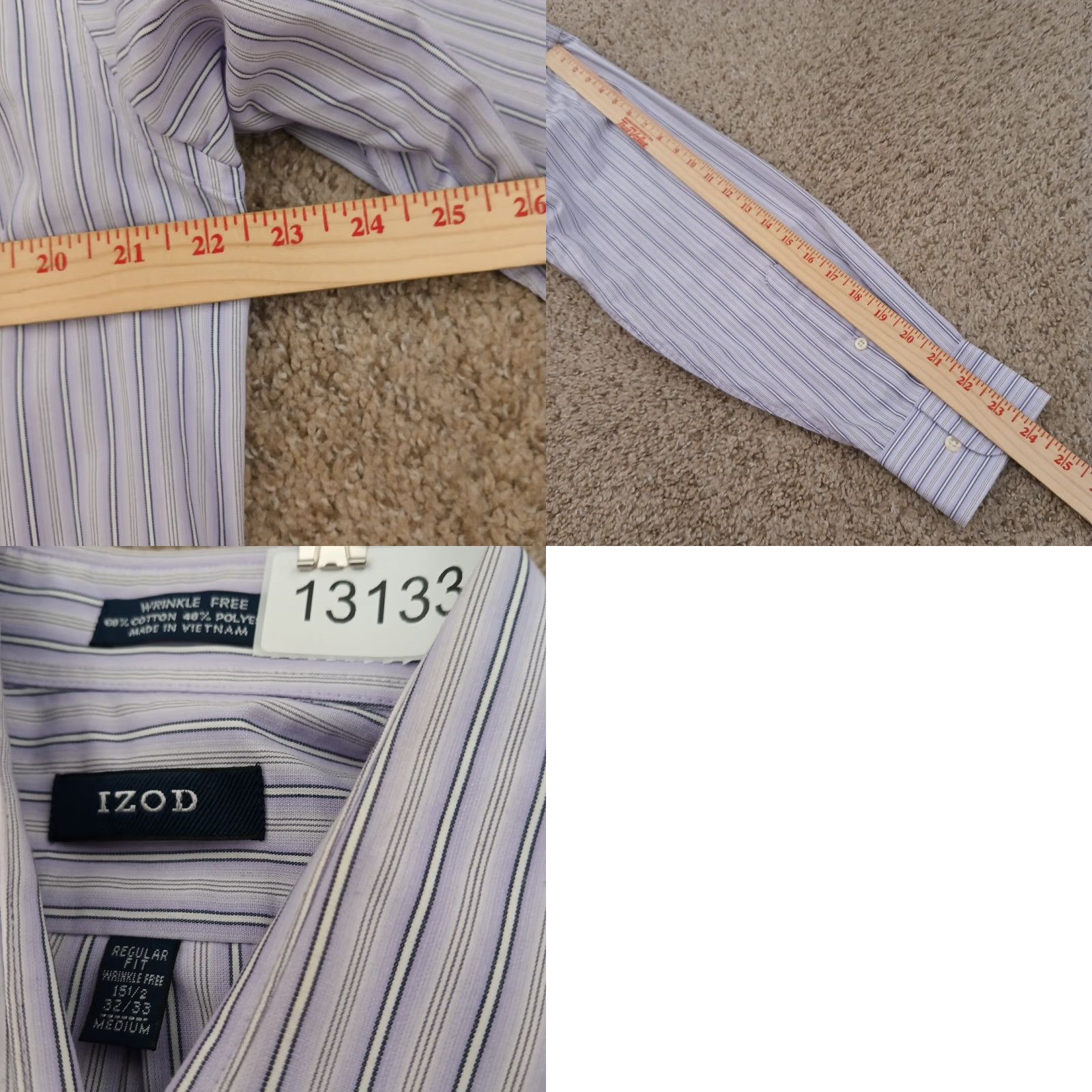 Izod IZOD Shirt Mens Medium Purple Striped Long Sleeve Button Up Cotton Blend Size US M / EU 48-50 / 2 - 8 Thumbnail