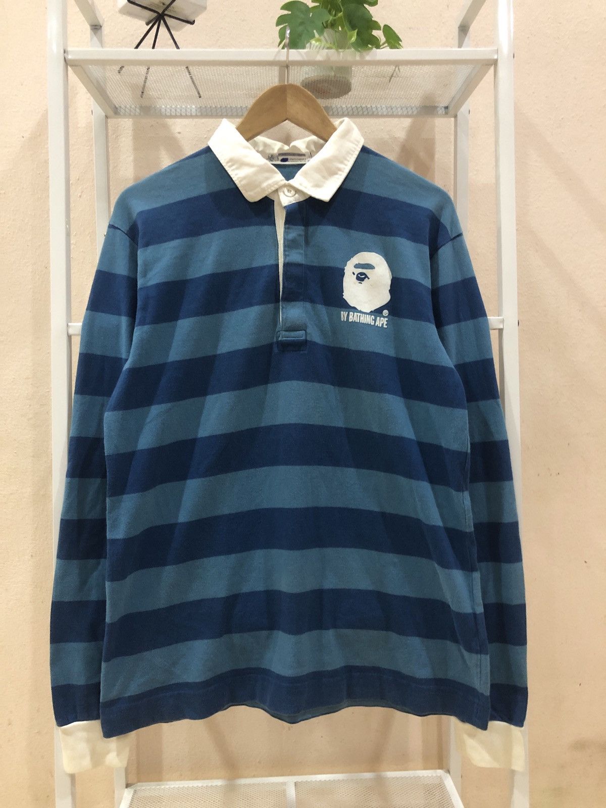 Bape OG Vtg Circa 2000 Bape Striped Long Sleeve Ruby Polo Shirts 