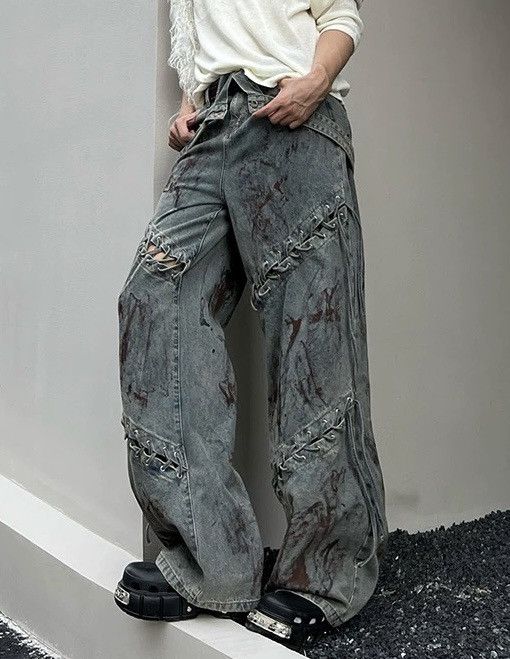 Avant garde punk y2k washed dirty paint tie up jeans pants