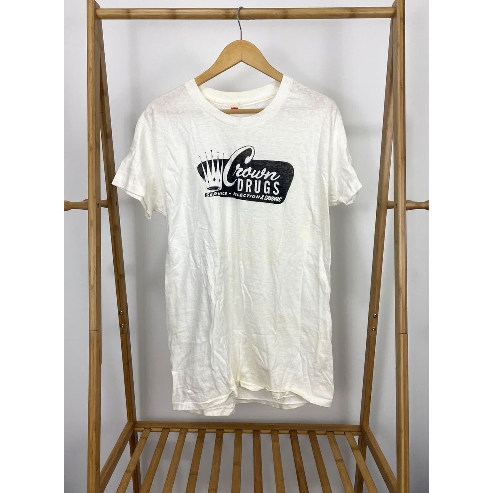 Hanes VINTAGE Hanes T-Shirt Size L 80s Crown Drugs Pharmacy Store Thin Single Stitch White Mens Size US L / EU 52-54 / 3 - 2 Thumbnail