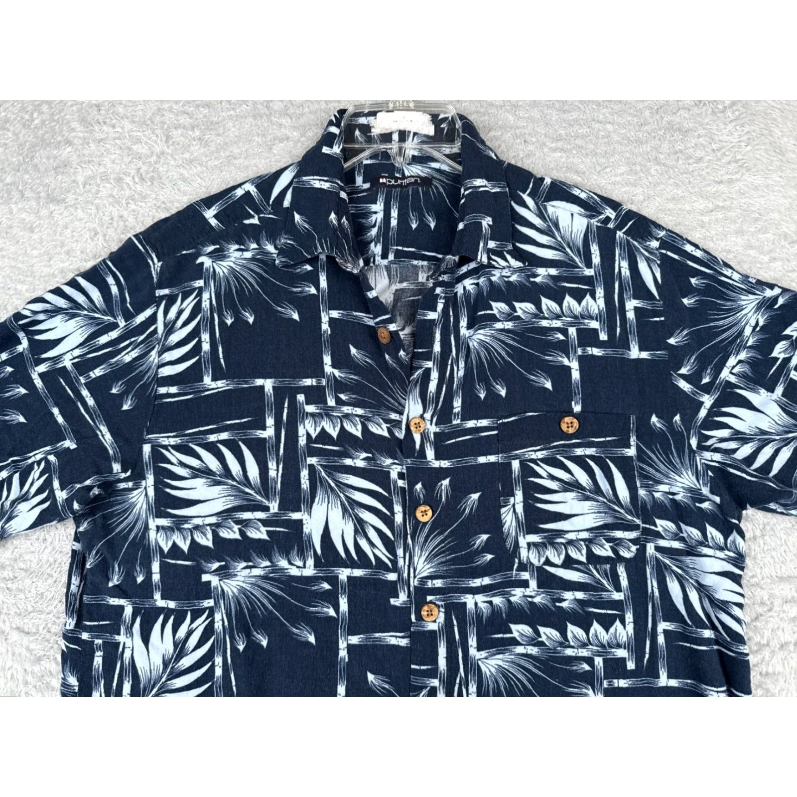 Vintage Puritan Shirt Mens Large Blue Hawaiian Bamboo Leaf Print 100% Rayon Wood Button Shirt Regular Men 40 in Blue Floral Aloha Hawaiian Resort Beach 90s? Size US L / EU 52-54 / 3 - 4 Thumbnail