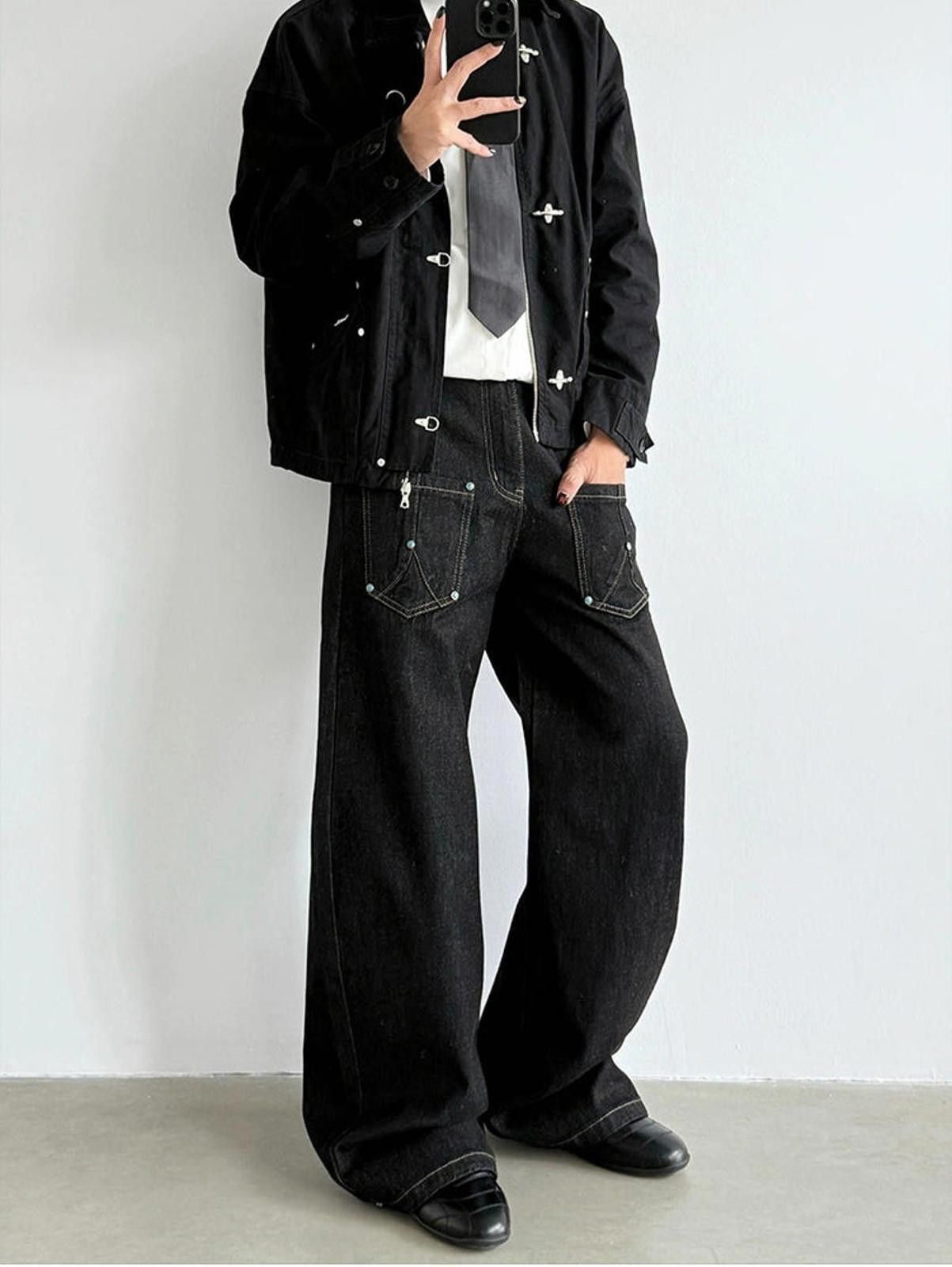 Japanese Brand Black Wide Leg Denim Jeans, Loose Fit Casual Pants Size US 30 / EU 46 - 2 Thumbnail
