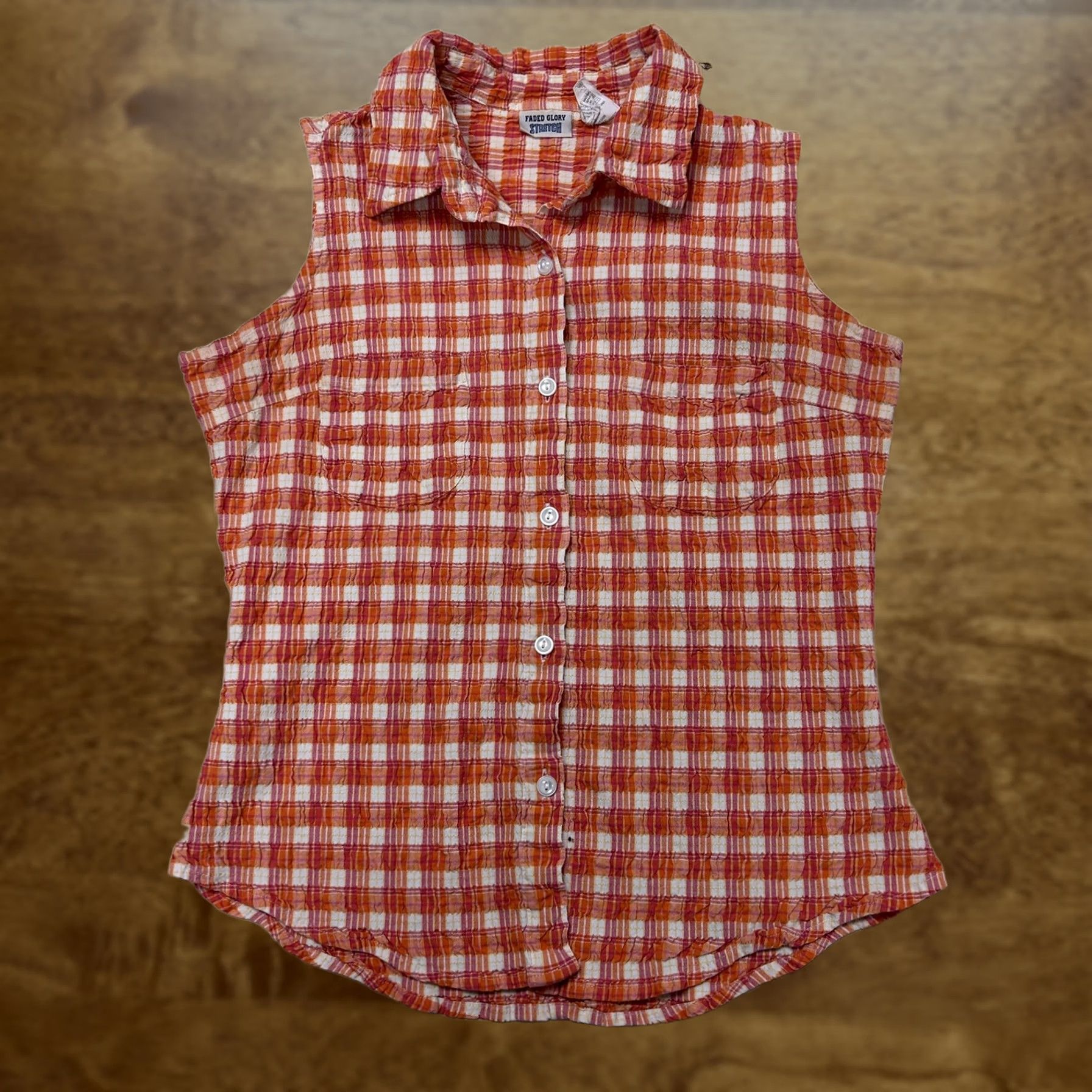 Faded Glory Faded Glory Button Up Shirt Womens Small Orange Plaid Sleeveless Stretch Top Shirt Size S / US 4 / IT 40 - 1 Thumbnail