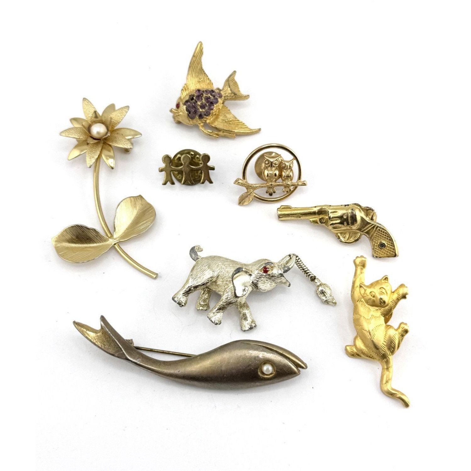 Vintage Vintage gold tone animal flower figural brooch pin lot of 8 Size ONE SIZE - 1 Thumbnail