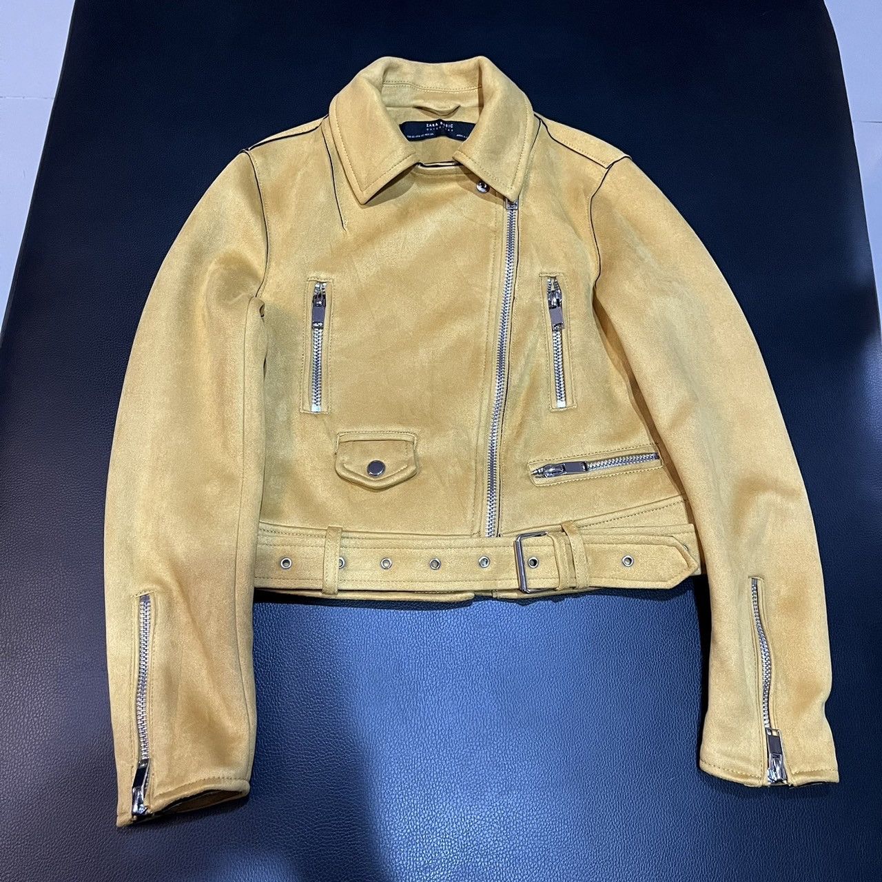 Zara ZARA Ladies Mustard Yellow Faux Suede Biker Jacket Size XS / US 0-2 / IT 36-38 - 5 Thumbnail