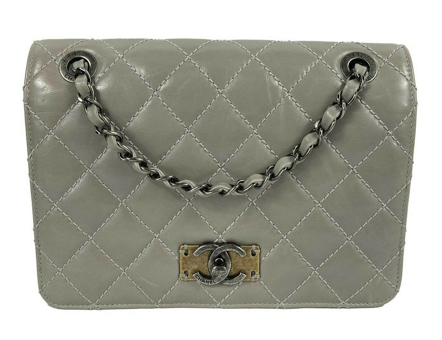 image of Chanel - Glazed Calfskin Quilted Medium Day Trip Flap Bag - Crossbody in Grey, Women's