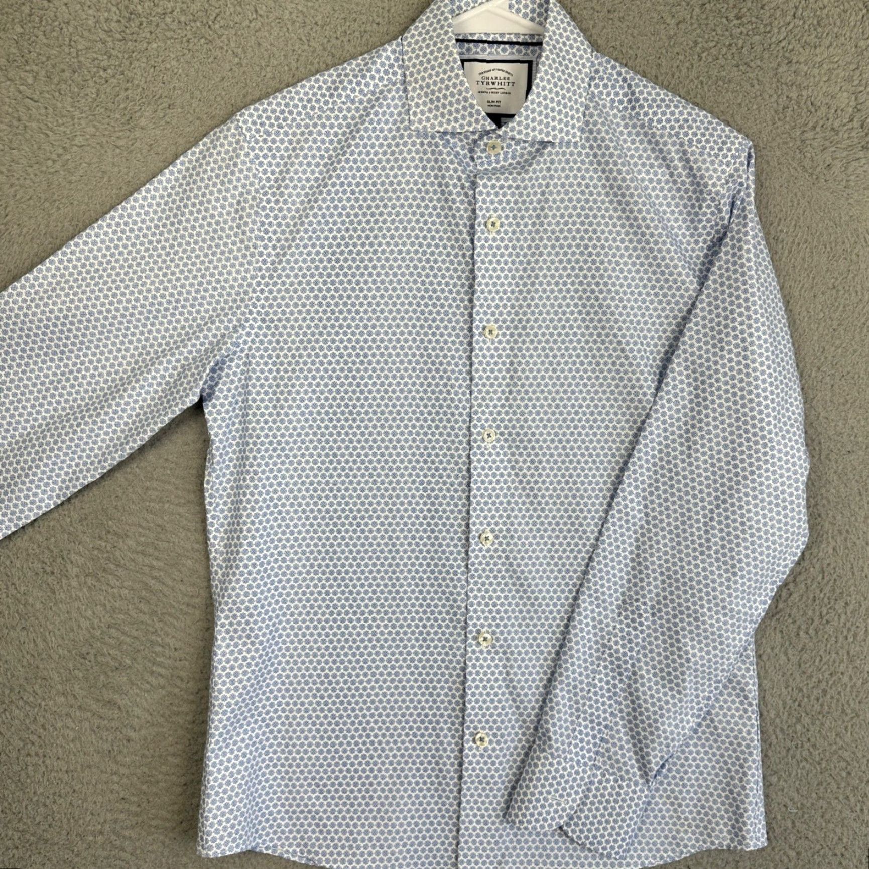 Charles Tyrwhitt Charles Tyrwhitt Shirt Mens S Blue White Slim Fit Button-Up Geometric Casual Size US S / EU 44-46 / 1 - 2 Thumbnail