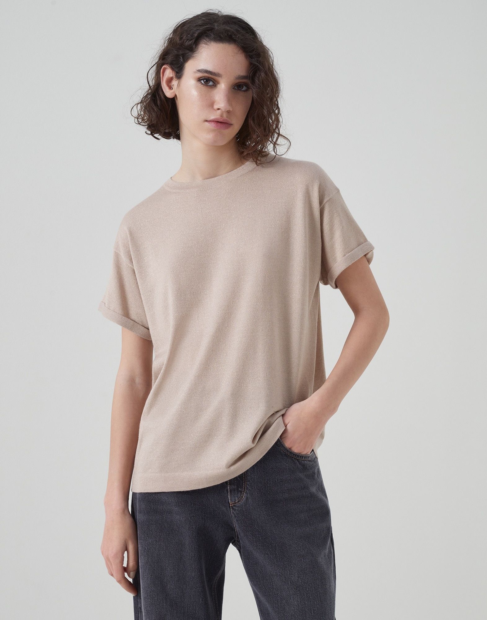 Brunello Cucinelli o1la1rc1a0325 Cashmere T-Shirt With Lurex in Beige Size S / US 4 / IT 40 - 1 Thumbnail