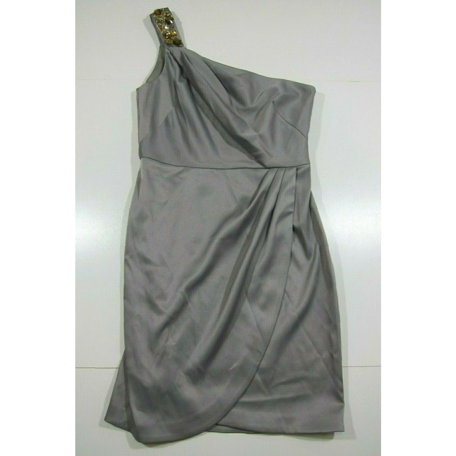 Vintage NWT Jones Wear Grey Satin Gold Jewel Beaded One Shoulder Cocktail Dress Size 6 Size M / US 6-8 / IT 42-44 - 2 Thumbnail