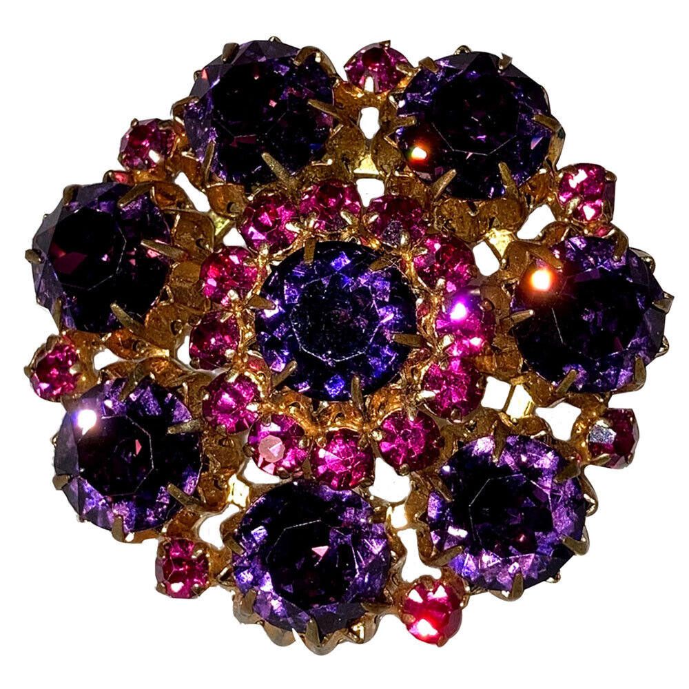 Designer Purple and Pink Austrian Crystal Brass Circle Pin Size ONE SIZE - 1 Thumbnail