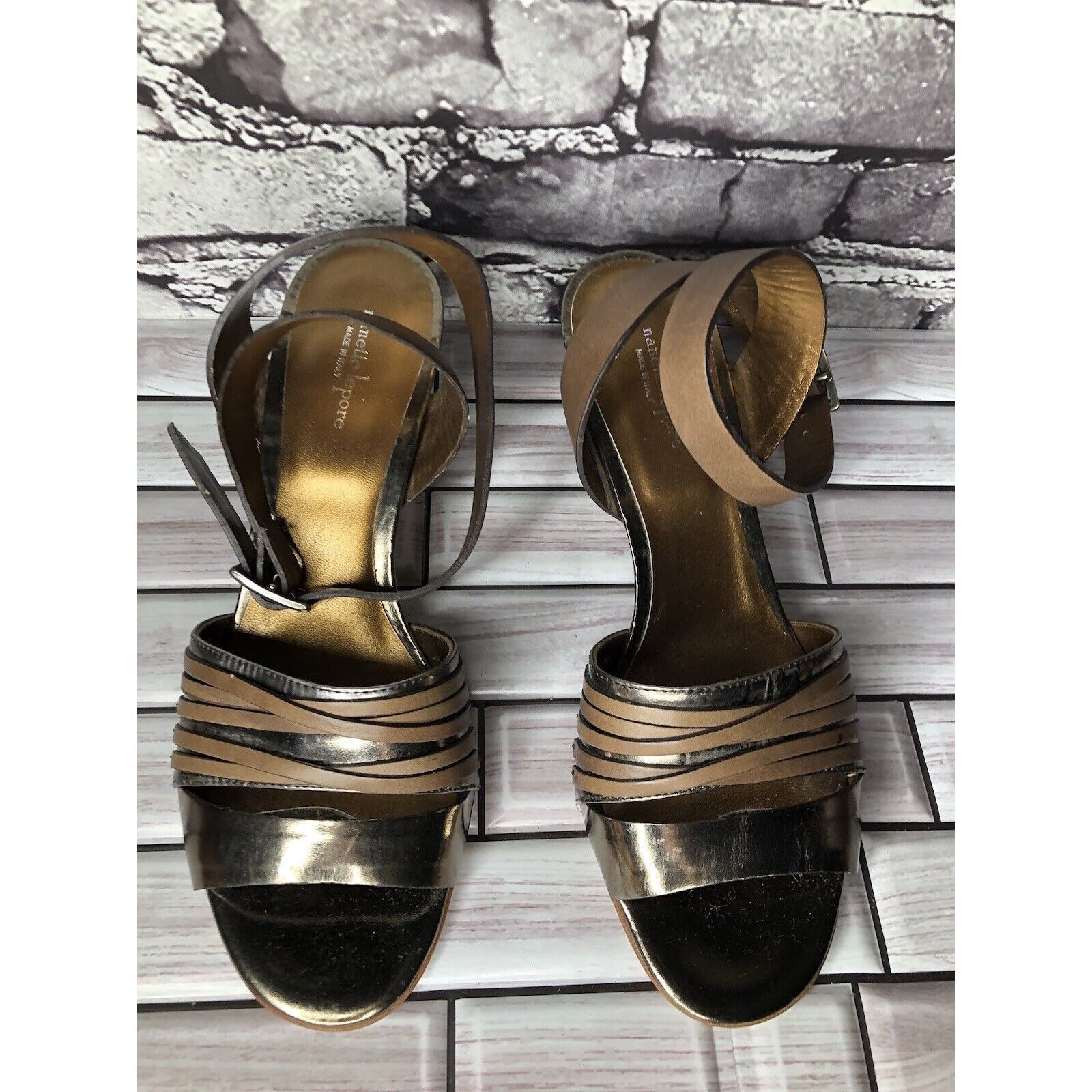 Other Nanette Lepore Silver Patent Brown Leather Ankle Straps Heel Size US 7.5 / IT 37.5 - 15 Thumbnail