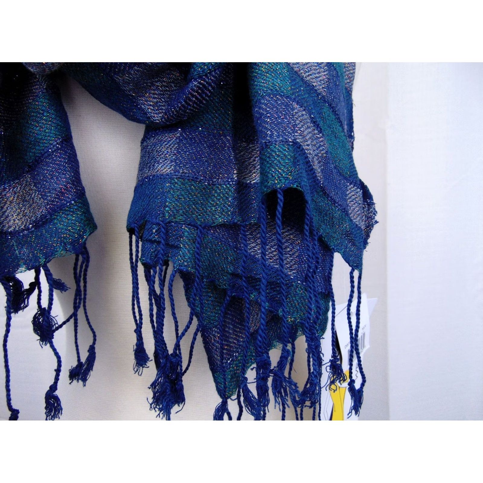 Vintage Cejon Shine Checkered Fringe Wrap Scarf Navy Blue Metallic Cejon Scarf Blue 68" X 20" Womens Size ONE SIZE - 2 Thumbnail