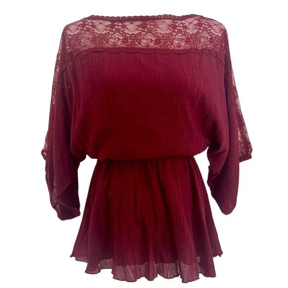 Free People VTG Free People Dark Cherry Lace Trim Crepe Top | Boho Dark Size S / US 4 / IT 40 - 11 Thumbnail
