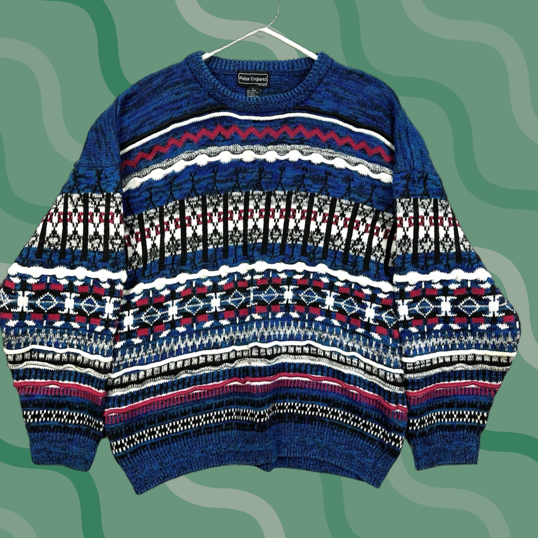 VINTAGE Peter England Sweater Men Large Crew Multicolor Fair Isle 3D Coogi Style Hipster 80s