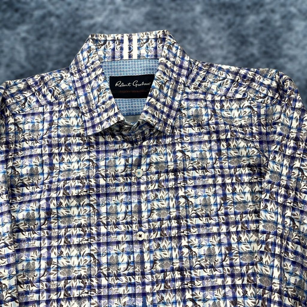 Robert Graham Robert Graham Shirt Mens XL Blue Plaid Floral Tailored Fit Stretch Button Up AOP Size US XL / EU 56 / 4 - 1 Thumbnail