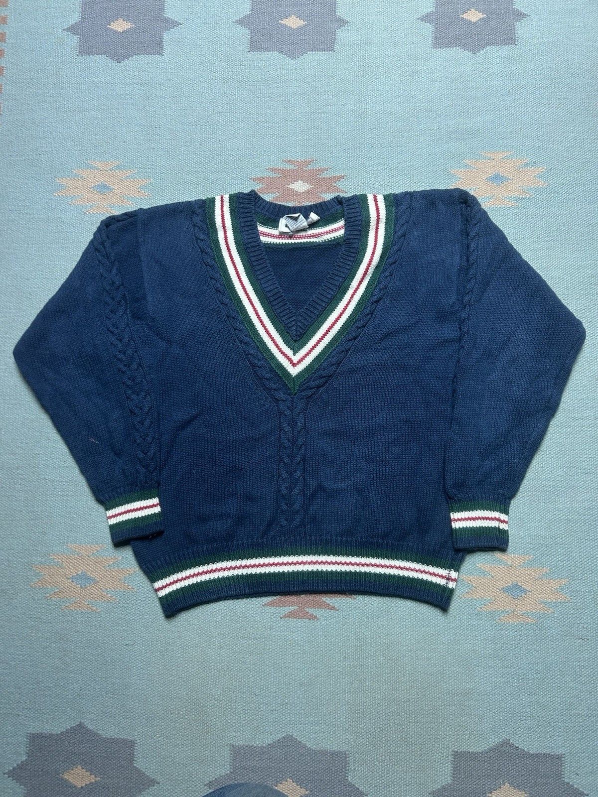 Vintage Vtg v neck tennis sweater cotton ramie knit heavy striped M Size M / US 6-8 / IT 42-44 - 1 Thumbnail