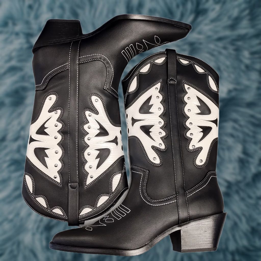 Vintage Madden Girl Saloonn Western Boots Womens US 9M Black White Pointed Toe Pull On NWOB Size 9 Womens Boots Size US 9 / IT 39 - 1 Thumbnail