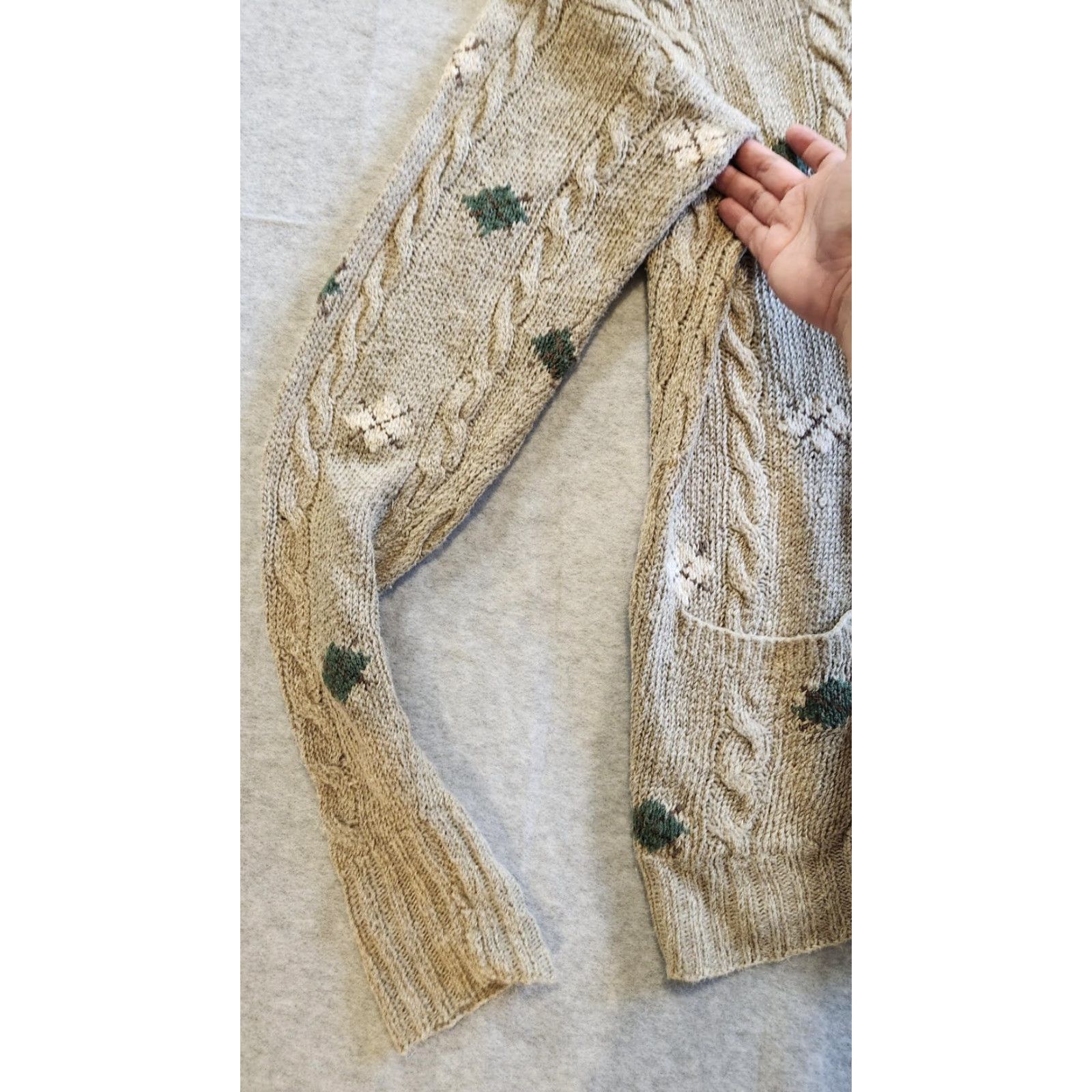 Ralph Lauren Sweater Women Small Beige Linen Silk Wool Cable Knit Pockets Argyle/Diamond
