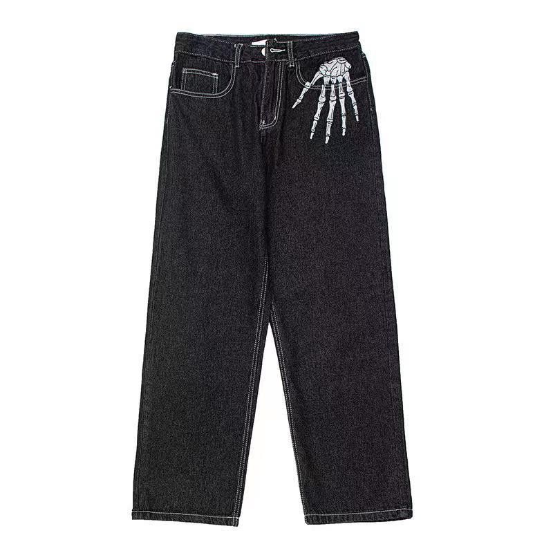 Street embroidered skull wide leg jeans