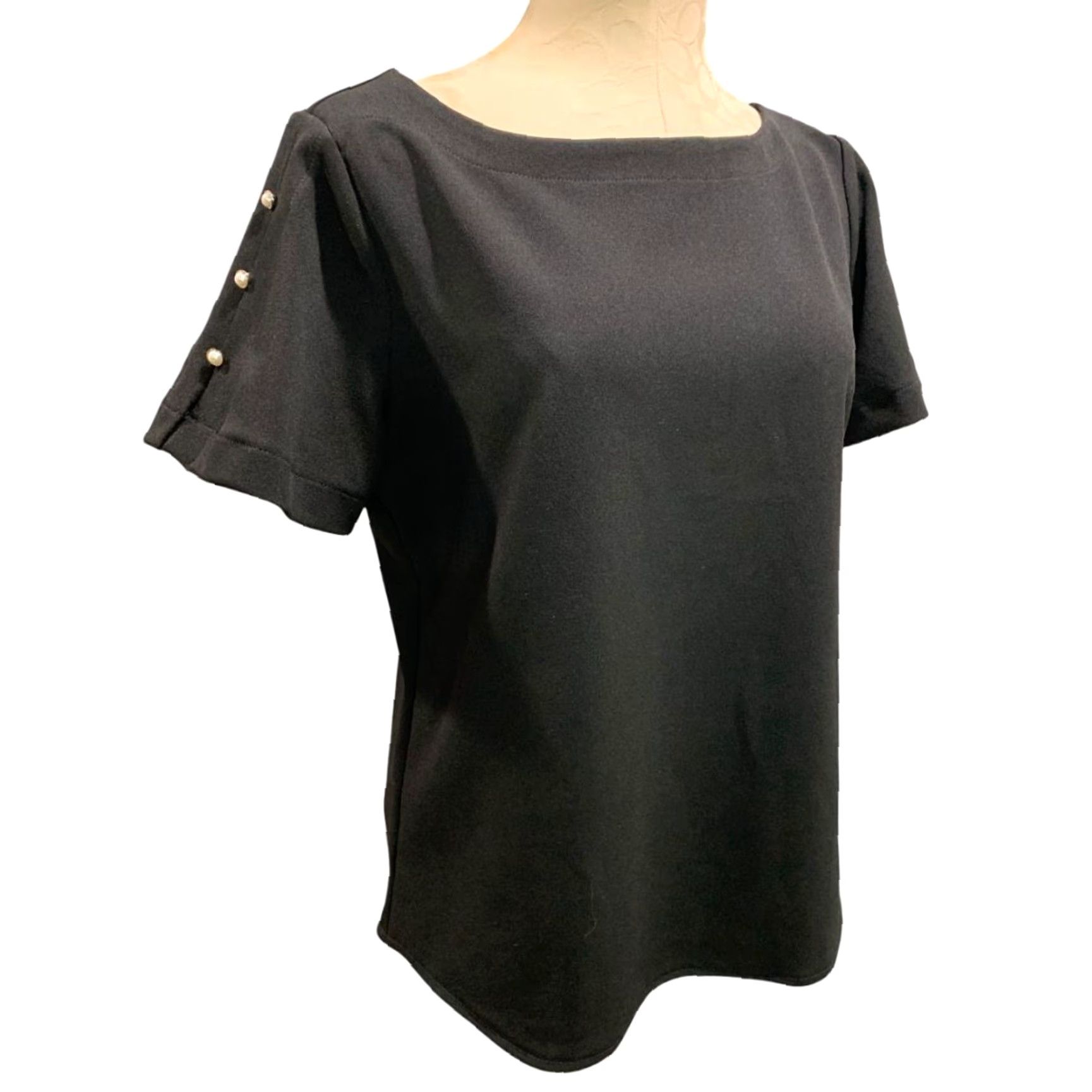 Ann Taylor Ann Taylor Womens Medium Pullover Black Shirt Button Embellished Short Sleeve Size M / US 6-8 / IT 42-44 - 2 Thumbnail